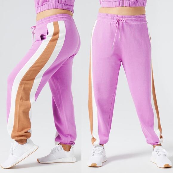 L*Space Home Stretch Colorblock Stripe Jogger Sweatpants Mauve Tan White - Picture 1 of 10